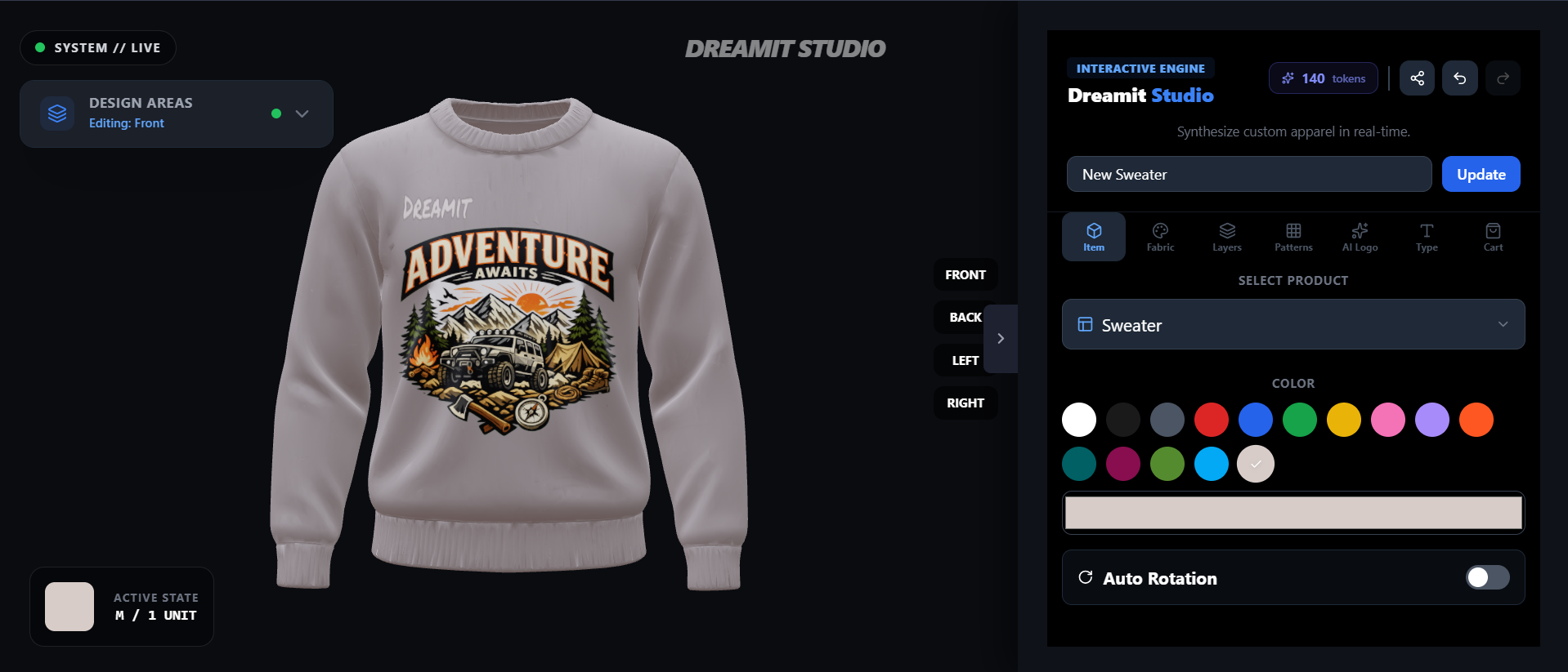 Dreamit design studio — live 3D apparel customization